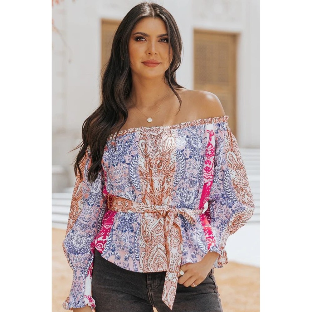 Flying Tomato  Paisley Off Shoulder Blouse Pink Blue Tie Waist‎